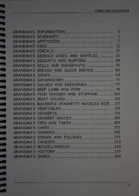 Grandma's Recipes Table of Contents